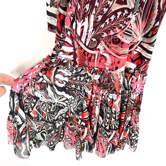 FUZZI Mystical Print Long Sleeve Midi Dress Ruby Red V-Neck Mesh Y2K 90s Sz S - Picture 8 of 11